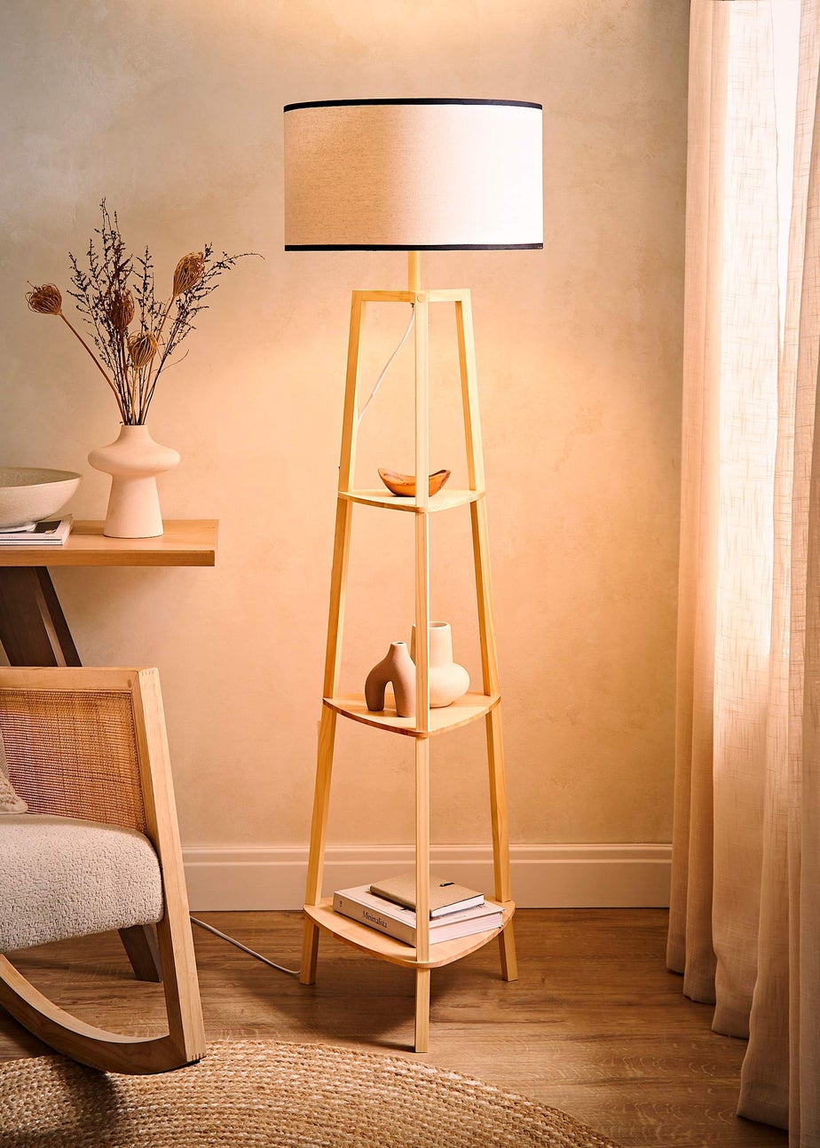 ValueLights Hiru Natural 3 Tier Shelf Floor Lamp with Black Trim Linen Shade