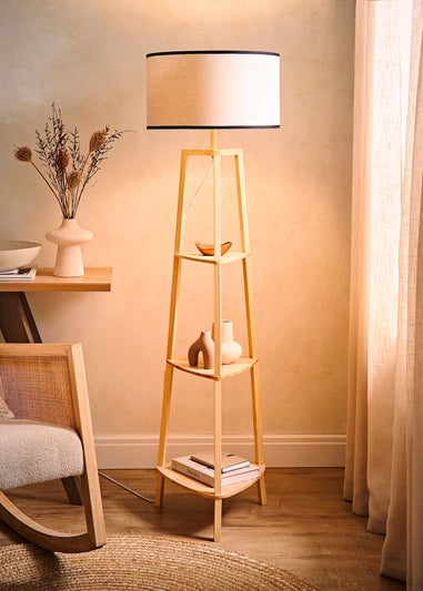 ValueLights Hiru Natural 3 Tier Shelf Floor Lamp with Black Trim Linen Shade