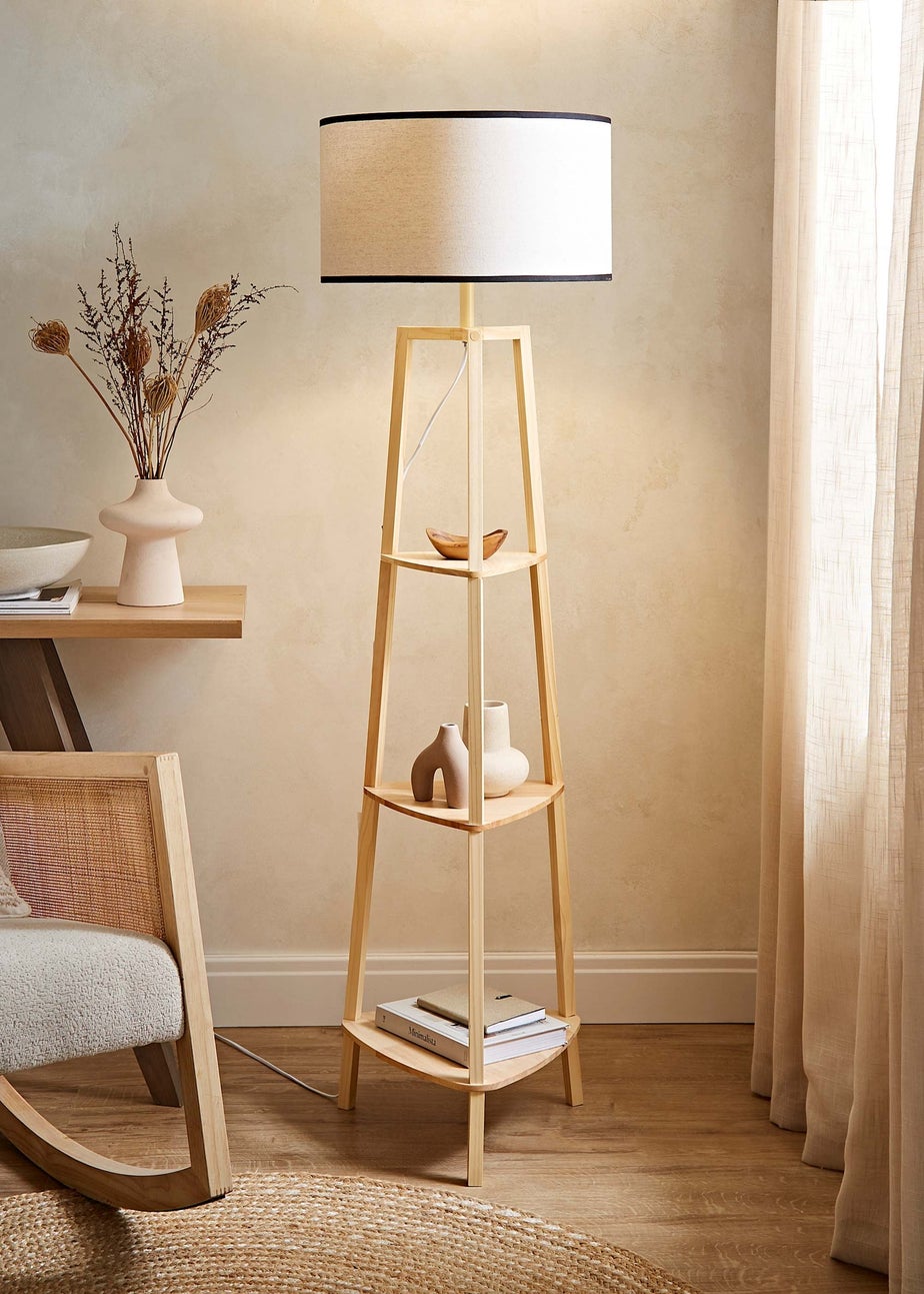 ValueLights Hiru Natural 3 Tier Shelf Floor Lamp with Black Trim Linen Shade