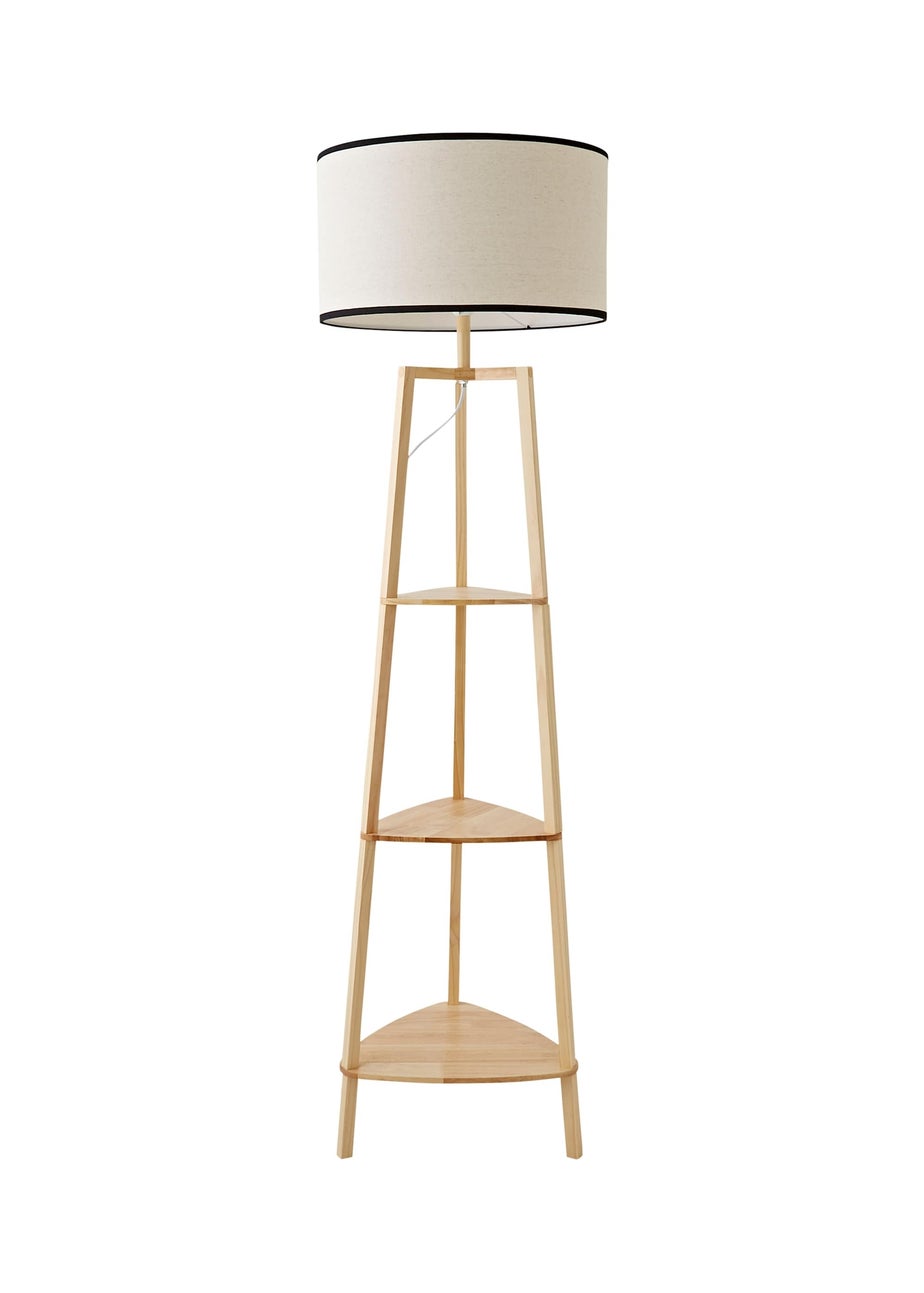 ValueLights Hiru Natural 3 Tier Shelf Floor Lamp with Black Trim Linen Shade