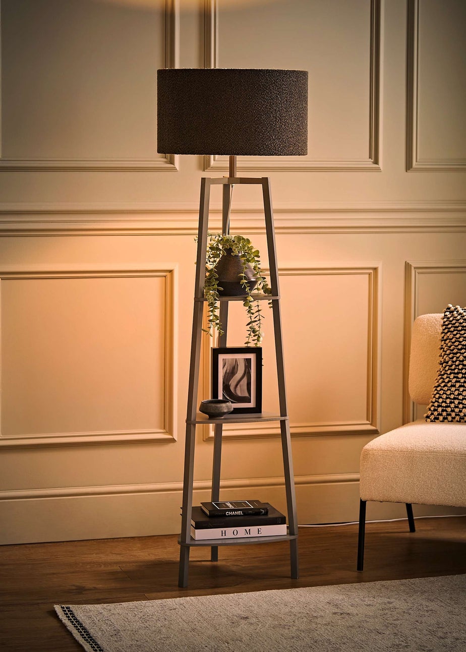 ValueLights Hiru Grey 3 Tier Shelf Floor Lamp with Charcoal Boucle Shade