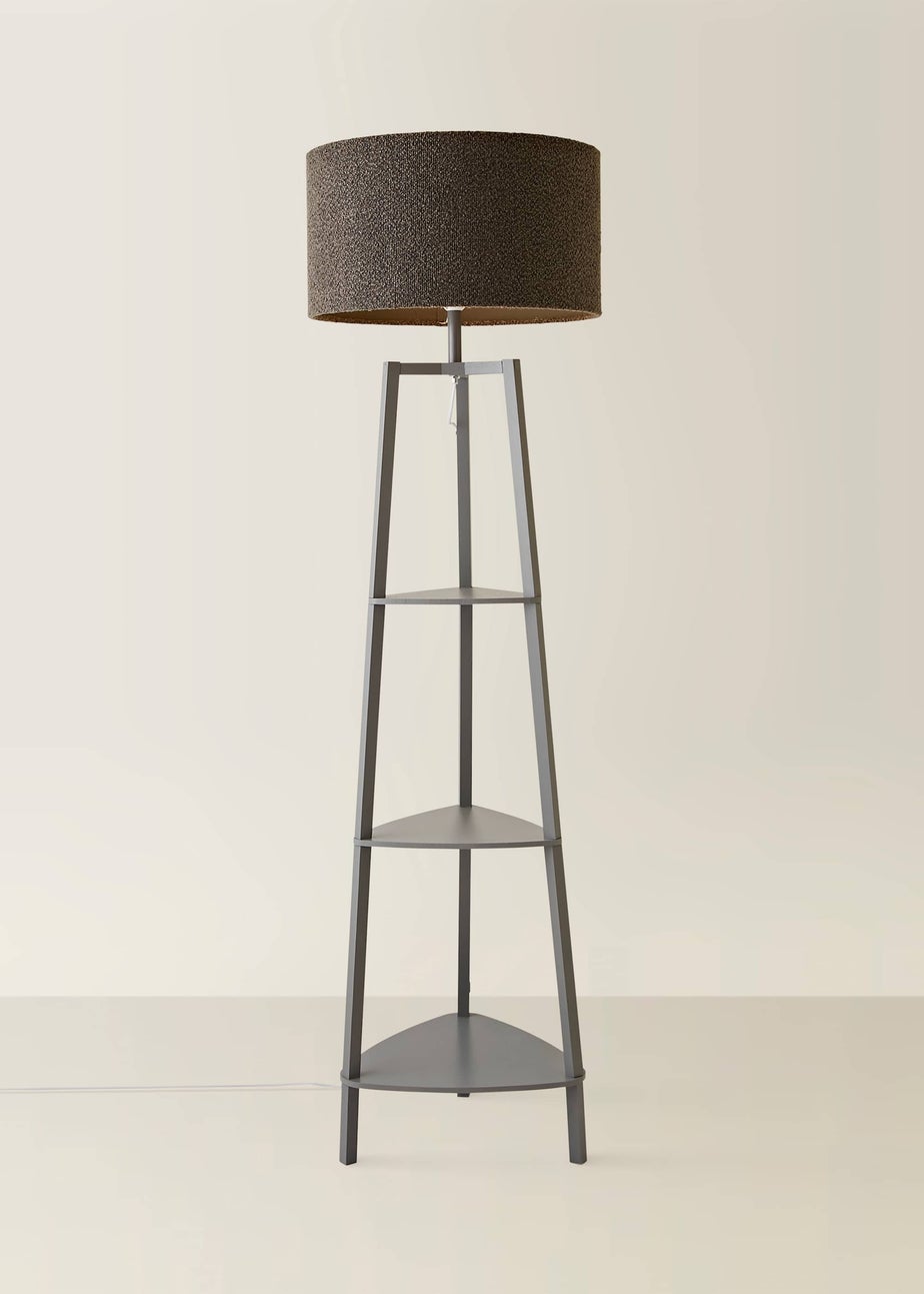 ValueLights Hiru Grey 3 Tier Shelf Floor Lamp with Charcoal Boucle Shade