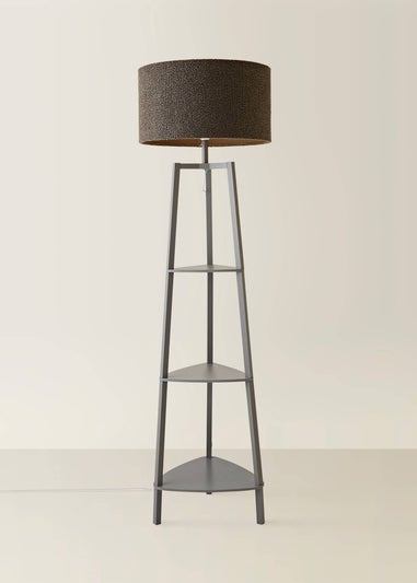 ValueLights Hiru Grey 3 Tier Shelf Floor Lamp with Charcoal Boucle Shade