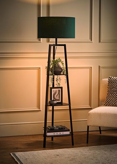 ValueLights Hiru Black 3 Tier Shelf Floor Lamp with Green Drum Shade
