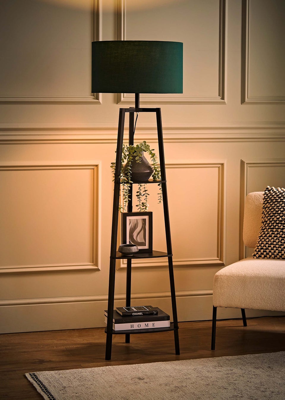 ValueLights Hiru Black 3 Tier Shelf Floor Lamp with Green Drum Shade