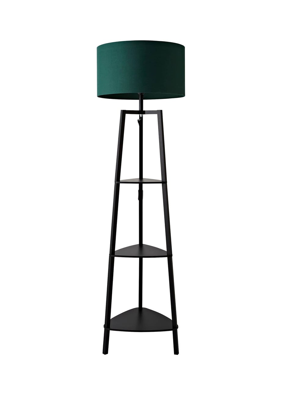 ValueLights Hiru Black 3 Tier Shelf Floor Lamp with Green Drum Shade