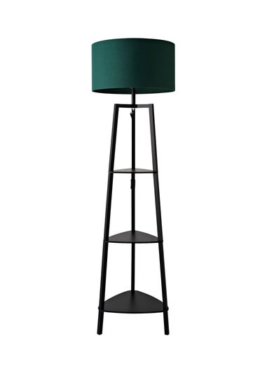 ValueLights Hiru Black 3 Tier Shelf Floor Lamp with Green Drum Shade