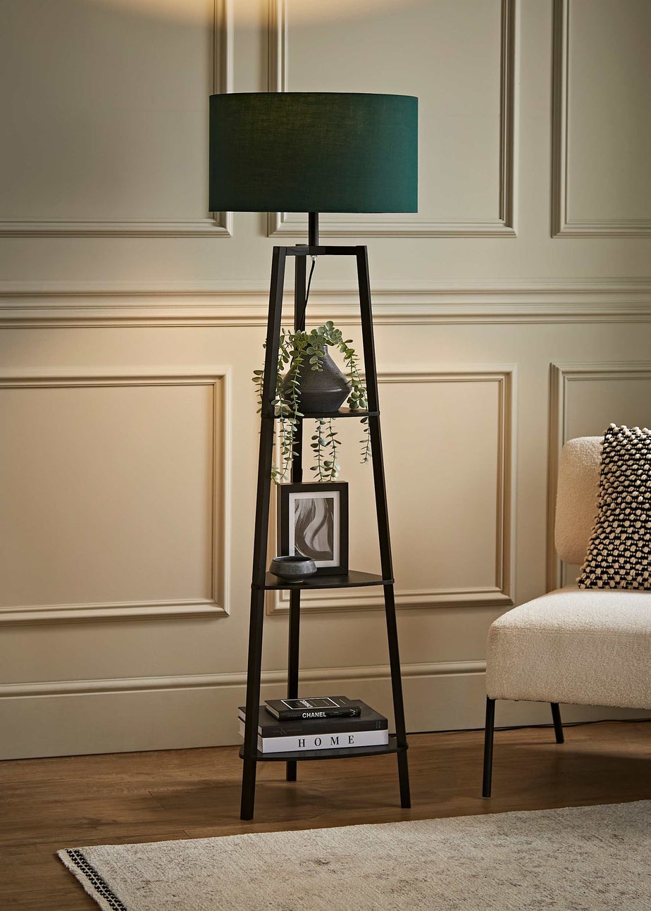ValueLights Hiru Black 3 Tier Shelf Floor Lamp with Green Drum Shade
