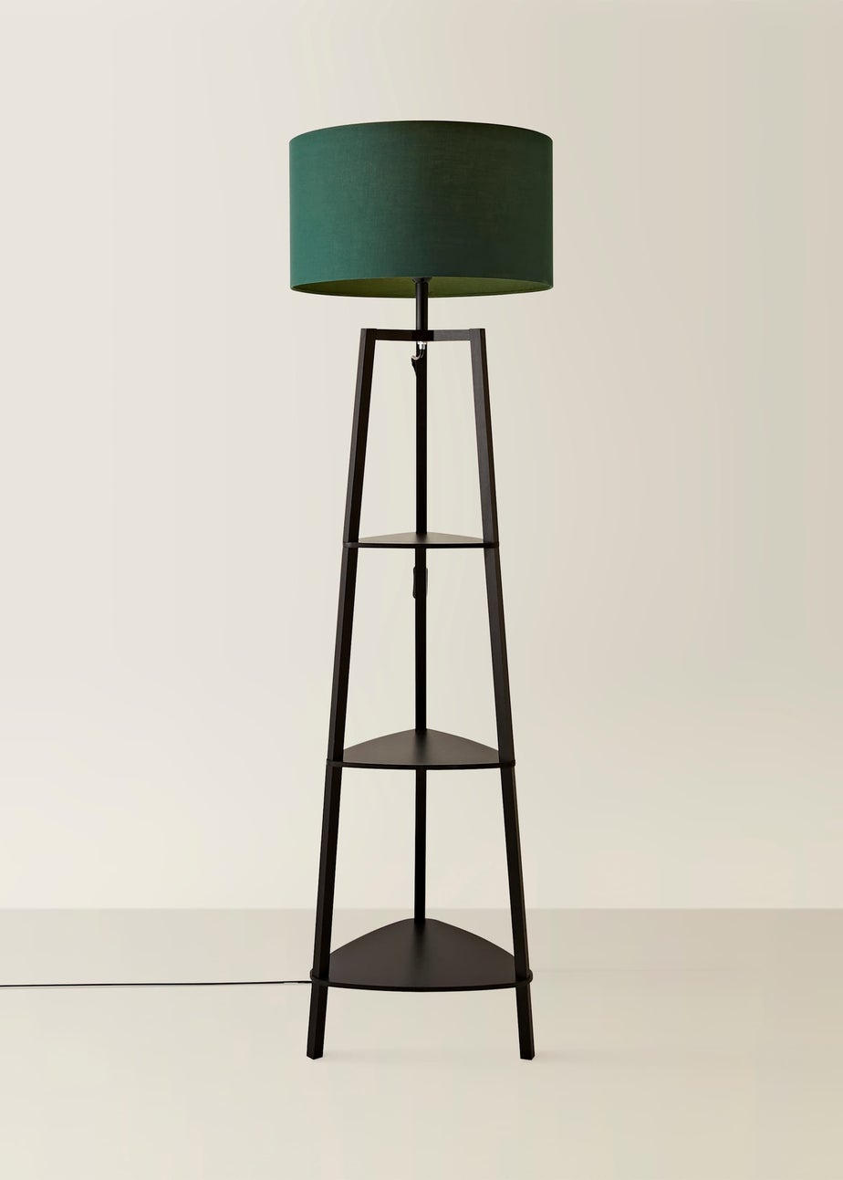 ValueLights Hiru Black 3 Tier Shelf Floor Lamp with Green Drum Shade