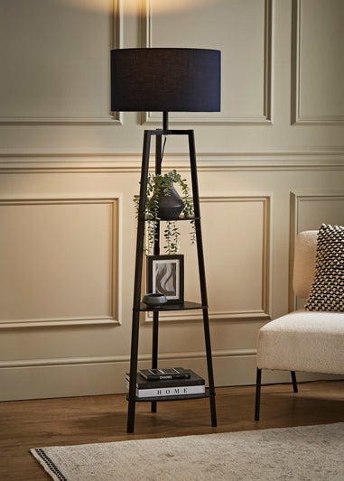 ValueLights Hiru Black 3 Tier Shelf Floor Lamp with Navy Drum Shade