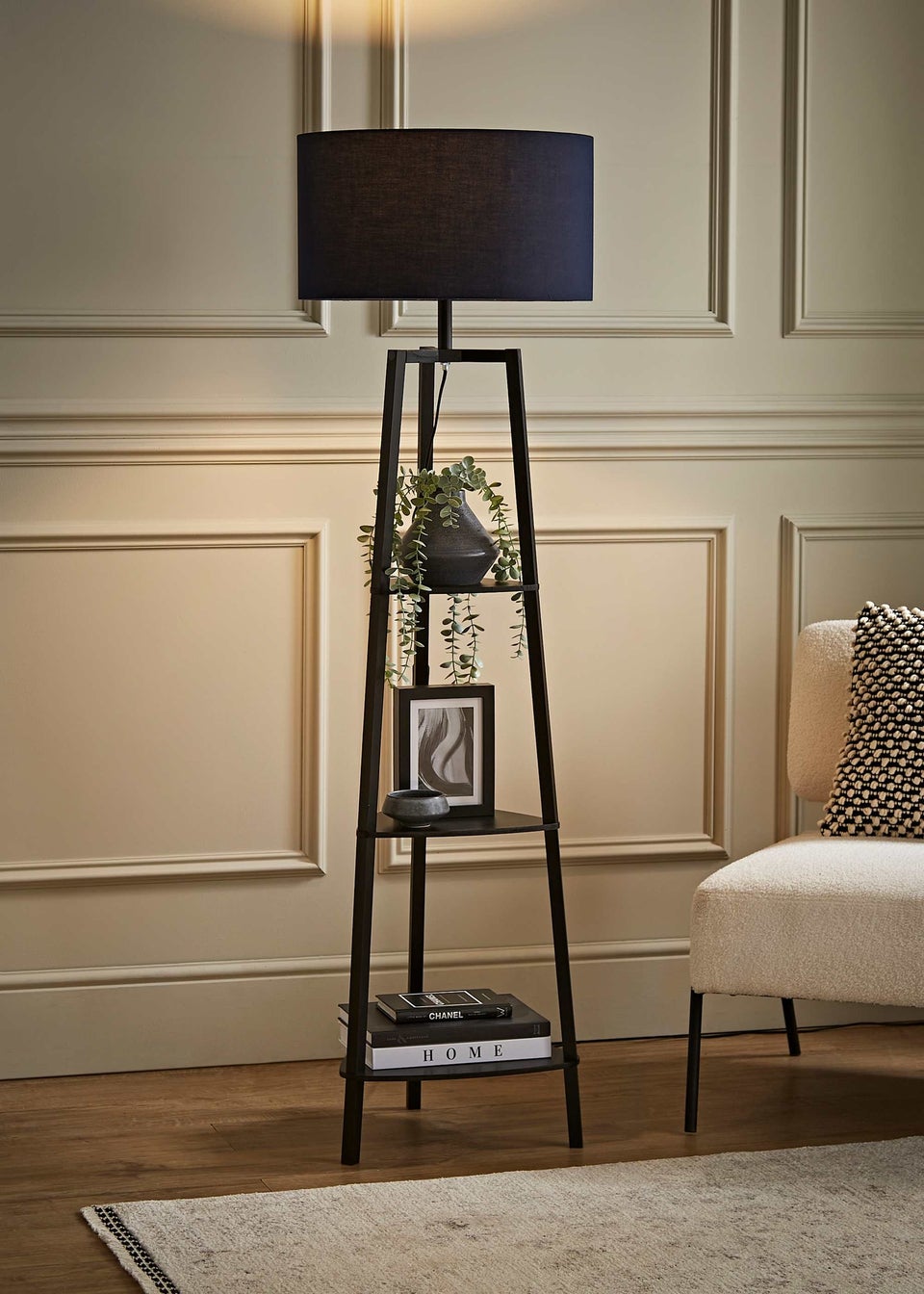 ValueLights Hiru Black 3 Tier Shelf Floor Lamp with Navy Drum Shade