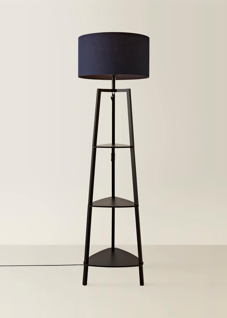 ValueLights Hiru Black 3 Tier Shelf Floor Lamp with Navy Drum Shade
