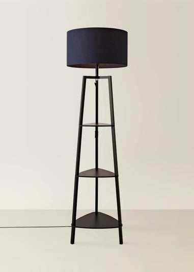 ValueLights Hiru Black 3 Tier Shelf Floor Lamp with Navy Drum Shade