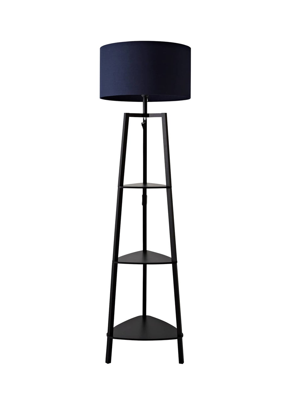 ValueLights Hiru Black 3 Tier Shelf Floor Lamp with Navy Drum Shade