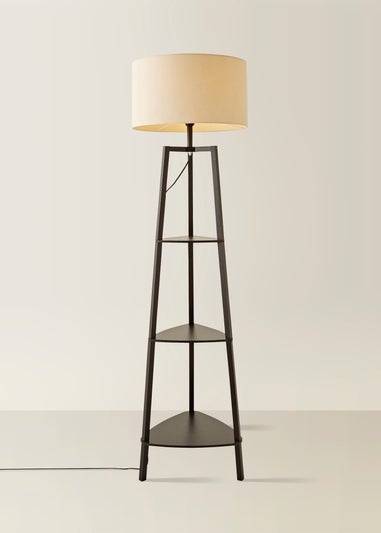 ValueLights Hiru Black 3 Tier Shelf Floor Lamp with Natural Drum Shade