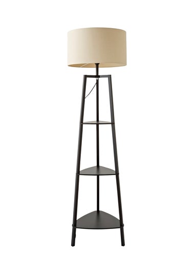 ValueLights Hiru Black 3 Tier Shelf Floor Lamp with Natural Drum Shade