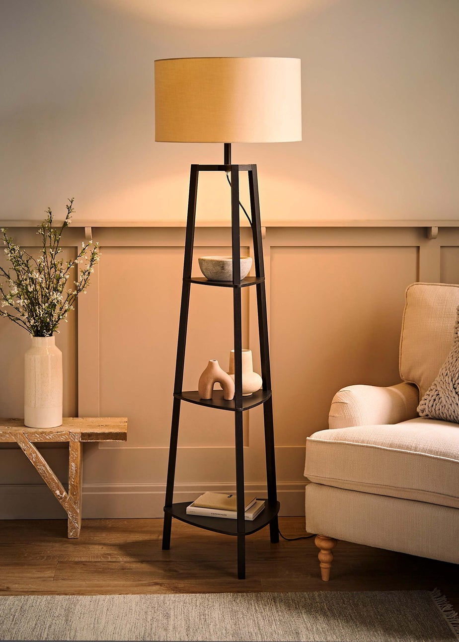 ValueLights Hiru Black 3 Tier Shelf Floor Lamp with Natural Drum Shade