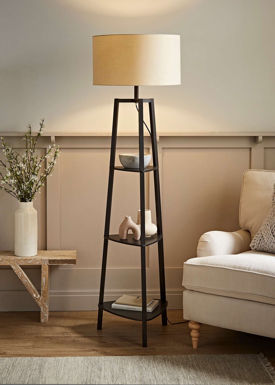 ValueLights Hiru Black 3 Tier Shelf Floor Lamp with Natural Drum Shade