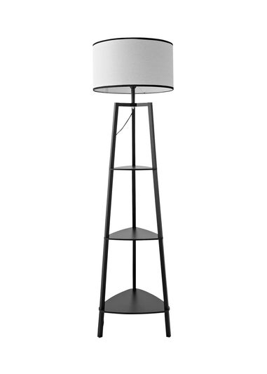 ValueLights Hiru Black 3 Tier Shelf Floor Lamp with Black Trim Linen Shade