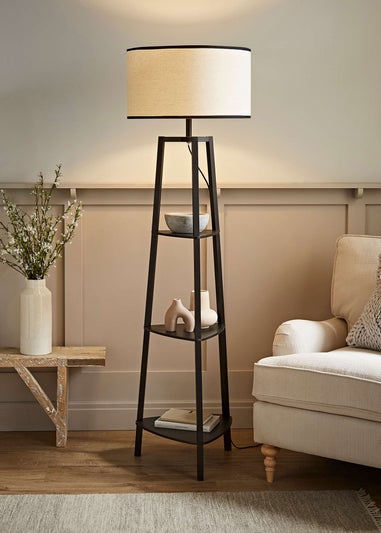 ValueLights Hiru Black 3 Tier Shelf Floor Lamp with Black Trim Linen Shade