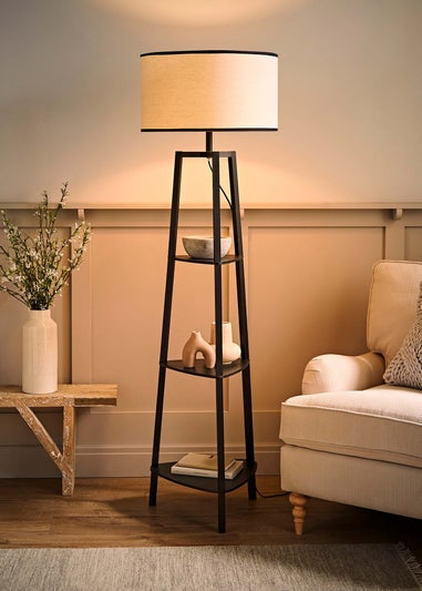 ValueLights Hiru Black 3 Tier Shelf Floor Lamp with Black Trim Linen Shade