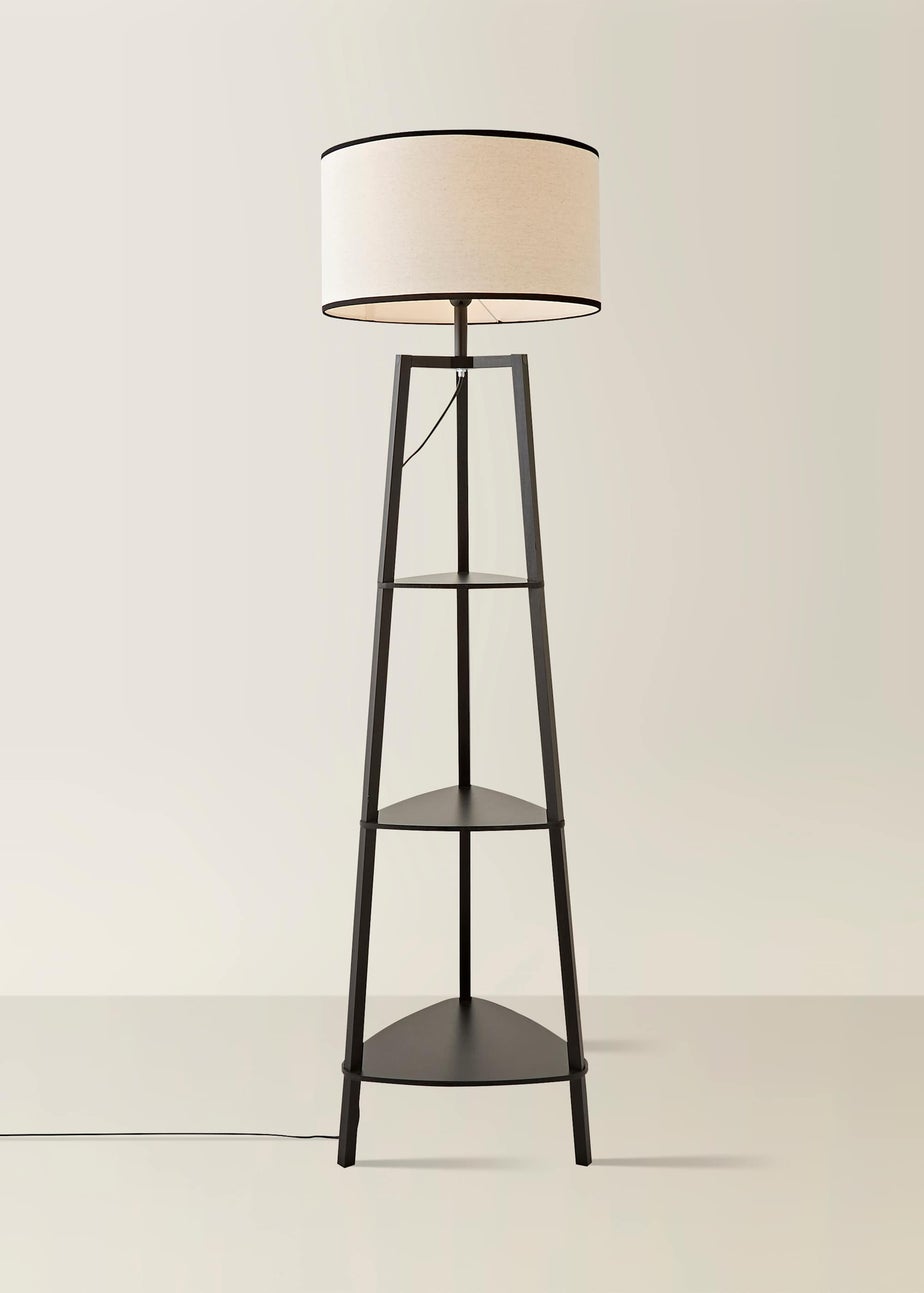 ValueLights Hiru Black 3 Tier Shelf Floor Lamp with Black Trim Linen Shade