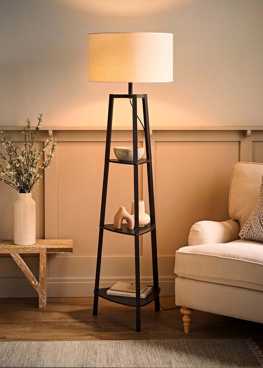 ValueLights Hiru Black 3 Tier Shelf Floor Lamp with White Trim Linen Shade