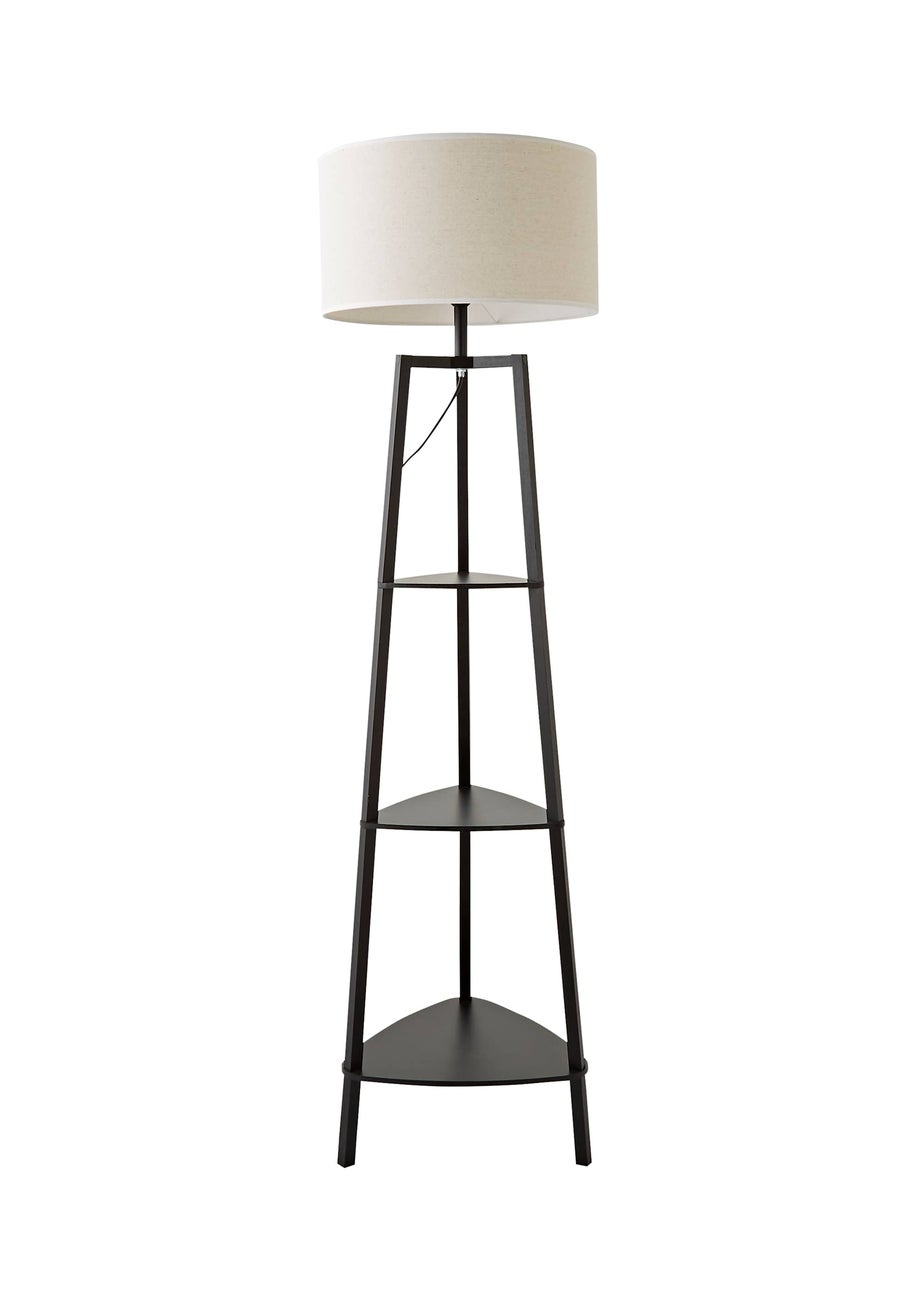 ValueLights Hiru Black 3 Tier Shelf Floor Lamp with White Trim Linen Shade