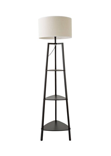 ValueLights Hiru Black 3 Tier Shelf Floor Lamp with White Trim Linen Shade