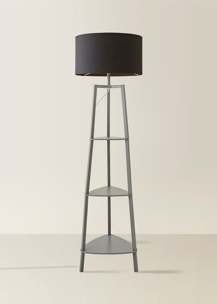 ValueLights Hiru Grey 3 Tier Shelf Floor Lamp with Black Drum Shade