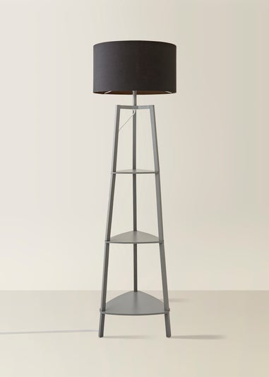 ValueLights Hiru Grey 3 Tier Shelf Floor Lamp with Black Drum Shade