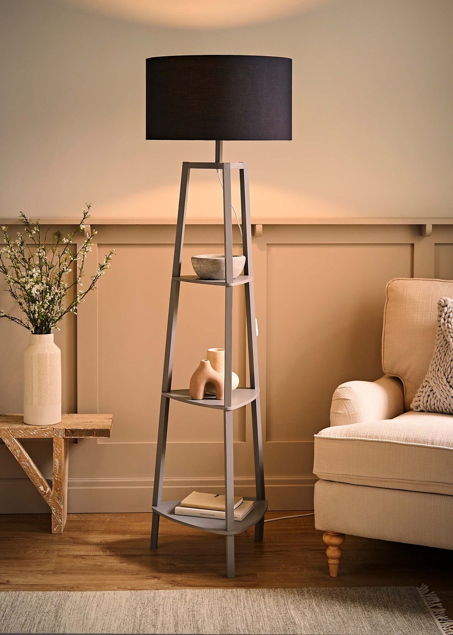 ValueLights Hiru Grey 3 Tier Shelf Floor Lamp with Black Drum Shade
