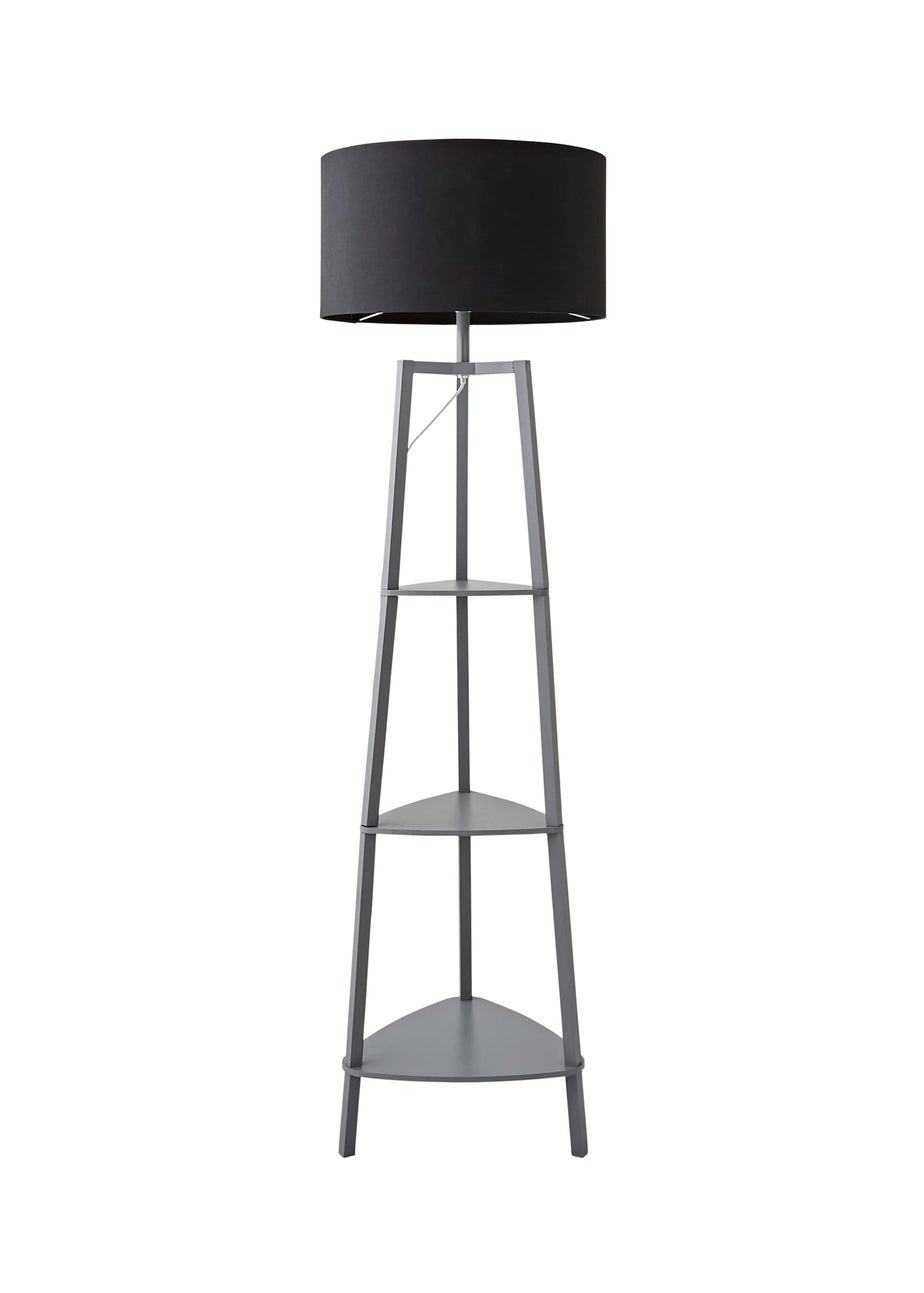 ValueLights Hiru Grey 3 Tier Shelf Floor Lamp with Black Drum Shade