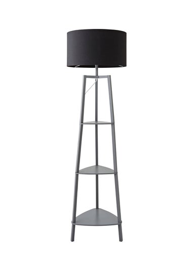 ValueLights Hiru Grey 3 Tier Shelf Floor Lamp with Black Drum Shade
