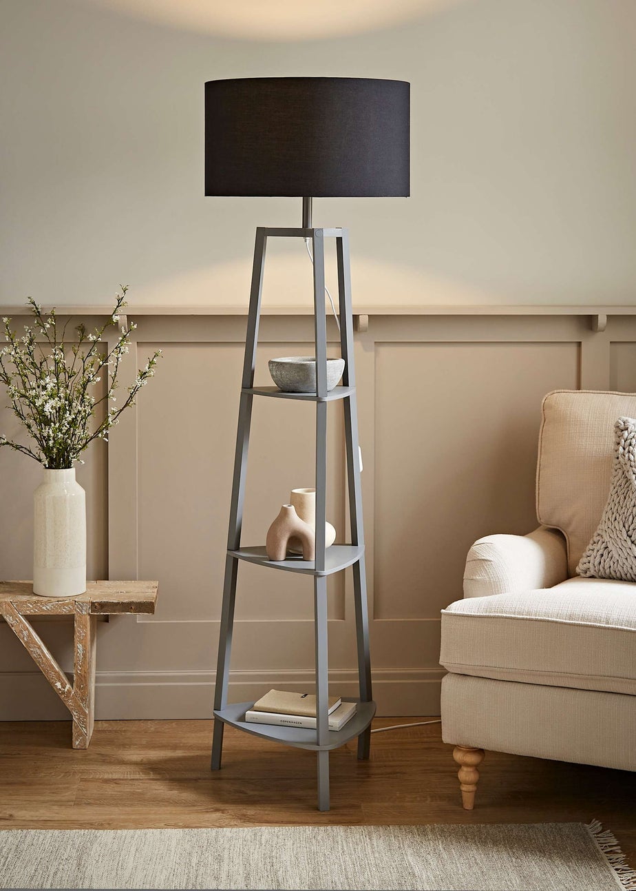 ValueLights Hiru Grey 3 Tier Shelf Floor Lamp with Black Drum Shade