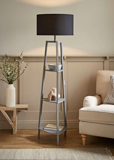 ValueLights Hiru Grey 3 Tier Shelf Floor Lamp with Black Drum Shade