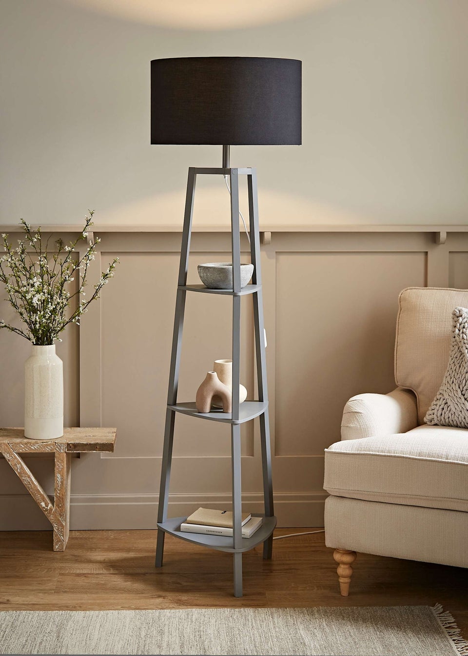 ValueLights Hiru Grey 3 Tier Shelf Floor Lamp with Black Drum Shade