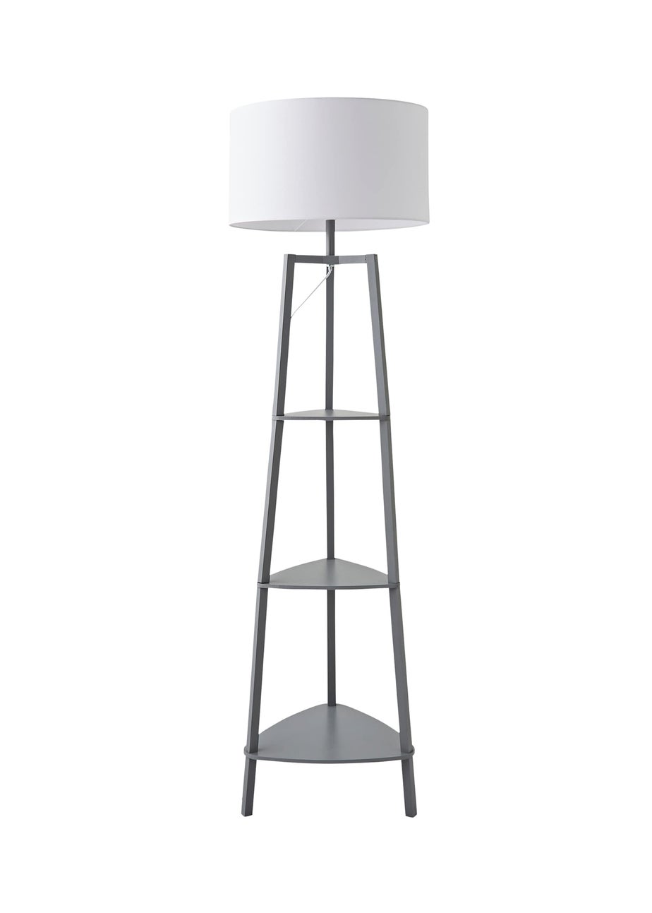 ValueLights Hiru Grey 3 Tier Shelf Floor Lamp with White Drum Shade