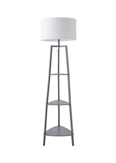 ValueLights Hiru Grey 3 Tier Shelf Floor Lamp with White Drum Shade