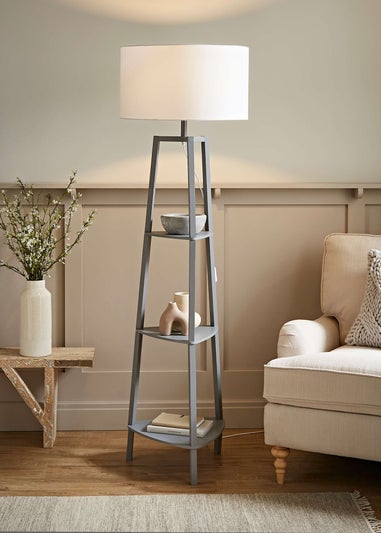 ValueLights Hiru Grey 3 Tier Shelf Floor Lamp with White Drum Shade