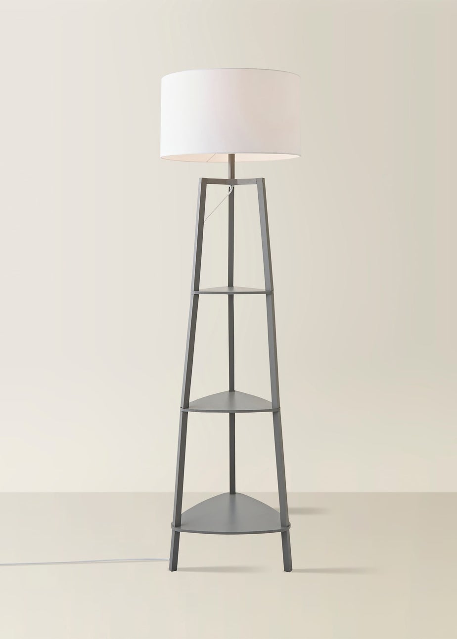 ValueLights Hiru Grey 3 Tier Shelf Floor Lamp with White Drum Shade