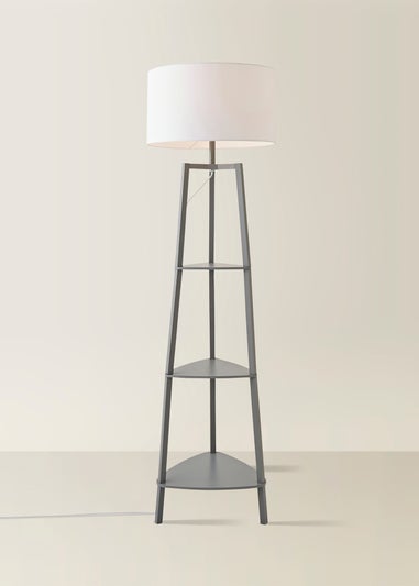 ValueLights Hiru Grey 3 Tier Shelf Floor Lamp with White Drum Shade