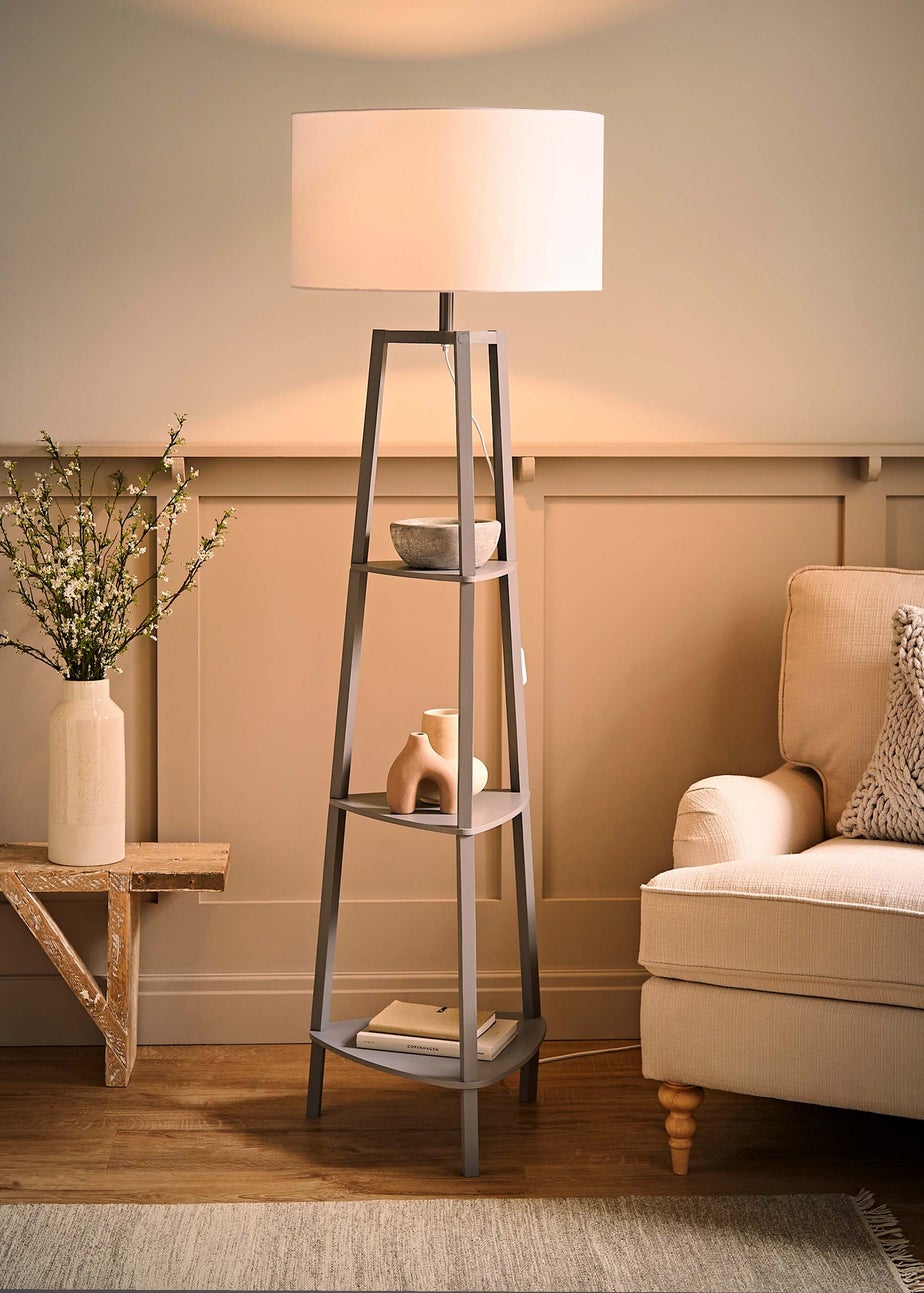 ValueLights Hiru Grey 3 Tier Shelf Floor Lamp with White Drum Shade