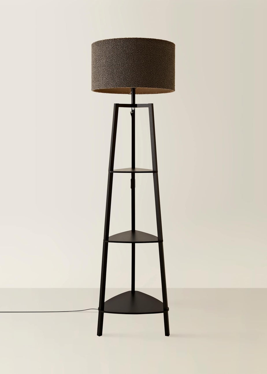 ValueLights Hiru Black 3 Tier Shelf Floor Lamp with Charcoal Boucle Shade