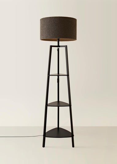 ValueLights Hiru Black 3 Tier Shelf Floor Lamp with Charcoal Boucle Shade