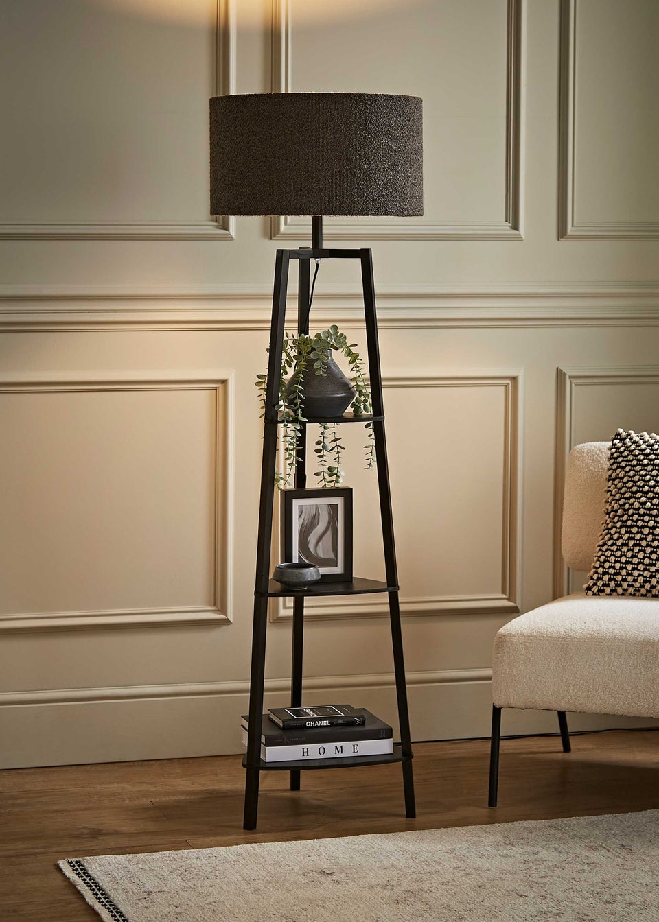 ValueLights Hiru Black 3 Tier Shelf Floor Lamp with Charcoal Boucle Shade
