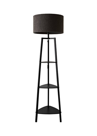 ValueLights Hiru Black 3 Tier Shelf Floor Lamp with Charcoal Boucle Shade