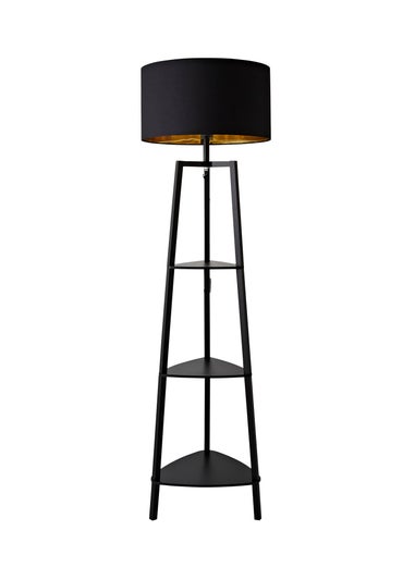 ValueLights Hiru Black 3 Tier Shelf Floor Lamp with Metallic Gold Inner Shade