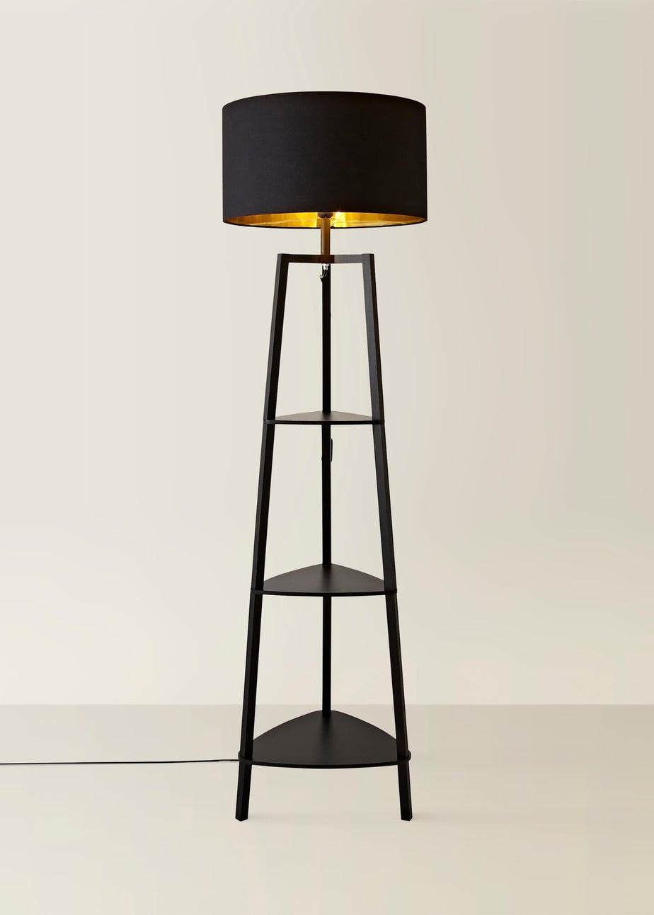 ValueLights Hiru Black 3 Tier Shelf Floor Lamp with Metallic Gold Inner Shade