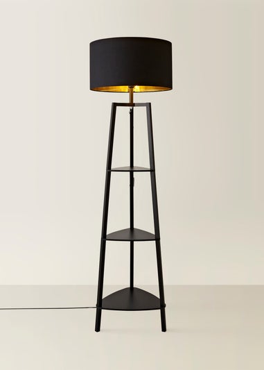 ValueLights Hiru Black 3 Tier Shelf Floor Lamp with Metallic Gold Inner Shade
